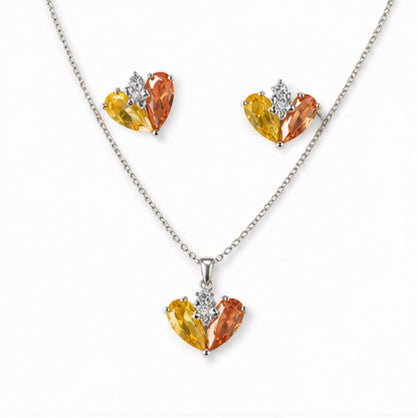 Yellow Amber Heart Crystal Necklace and Earrings Set