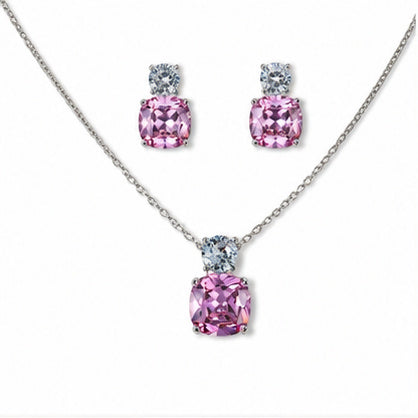 Pink Cushion Crystal Necklace and Earrings Set
