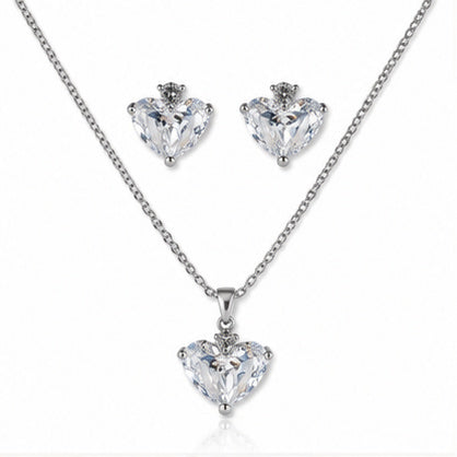 Clear White Heart CZ Necklace and Earrings Set