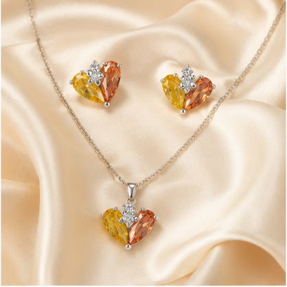 Yellow Amber Heart Crystal Necklace and Earrings Set