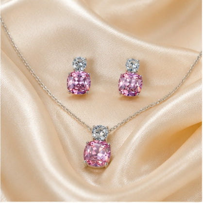 Pink Cushion Crystal Necklace and Earrings Set