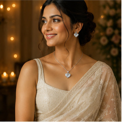 Clear White Heart CZ Necklace and Earrings Set