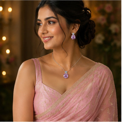 Pink Cushion Crystal Necklace and Earrings Set