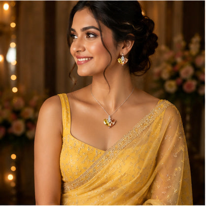 Yellow Amber Heart Crystal Necklace and Earrings Set