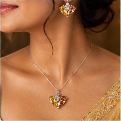 Yellow Amber Heart Crystal Necklace and Earrings Set