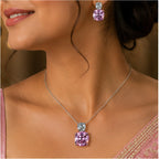 Pink Cushion Crystal Necklace and Earrings Set