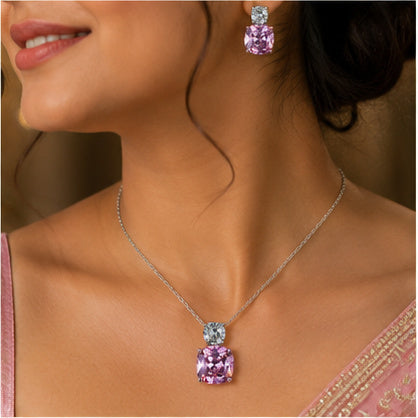 Pink Cushion Crystal Necklace and Earrings Set