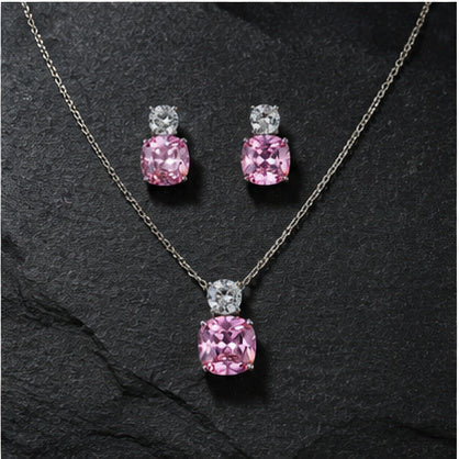 Pink Cushion Crystal Necklace and Earrings Set