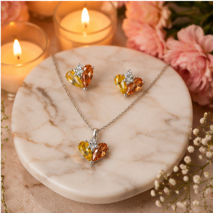 Yellow Amber Heart Crystal Necklace and Earrings Set