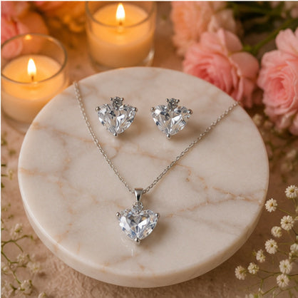 Clear White Heart CZ Necklace and Earrings Set