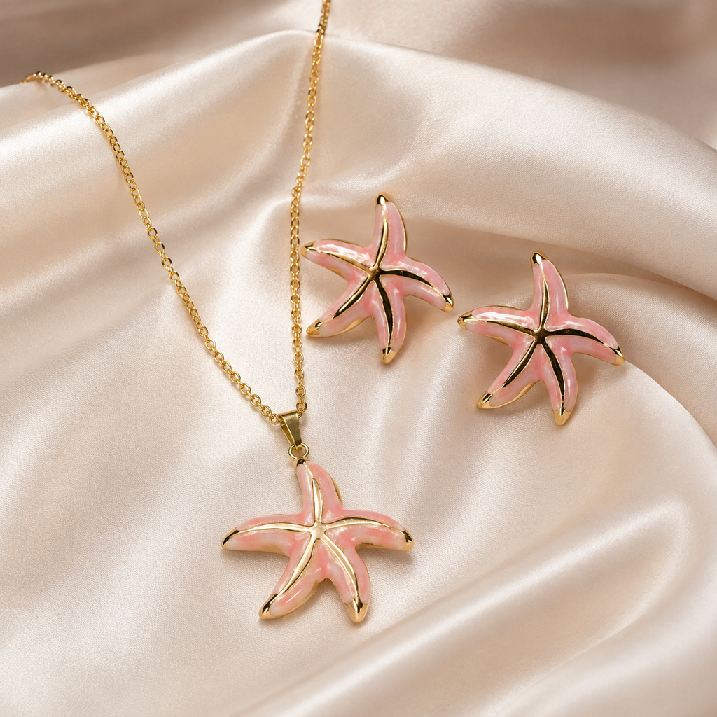 Pink Starfish Necklace Earrings Set