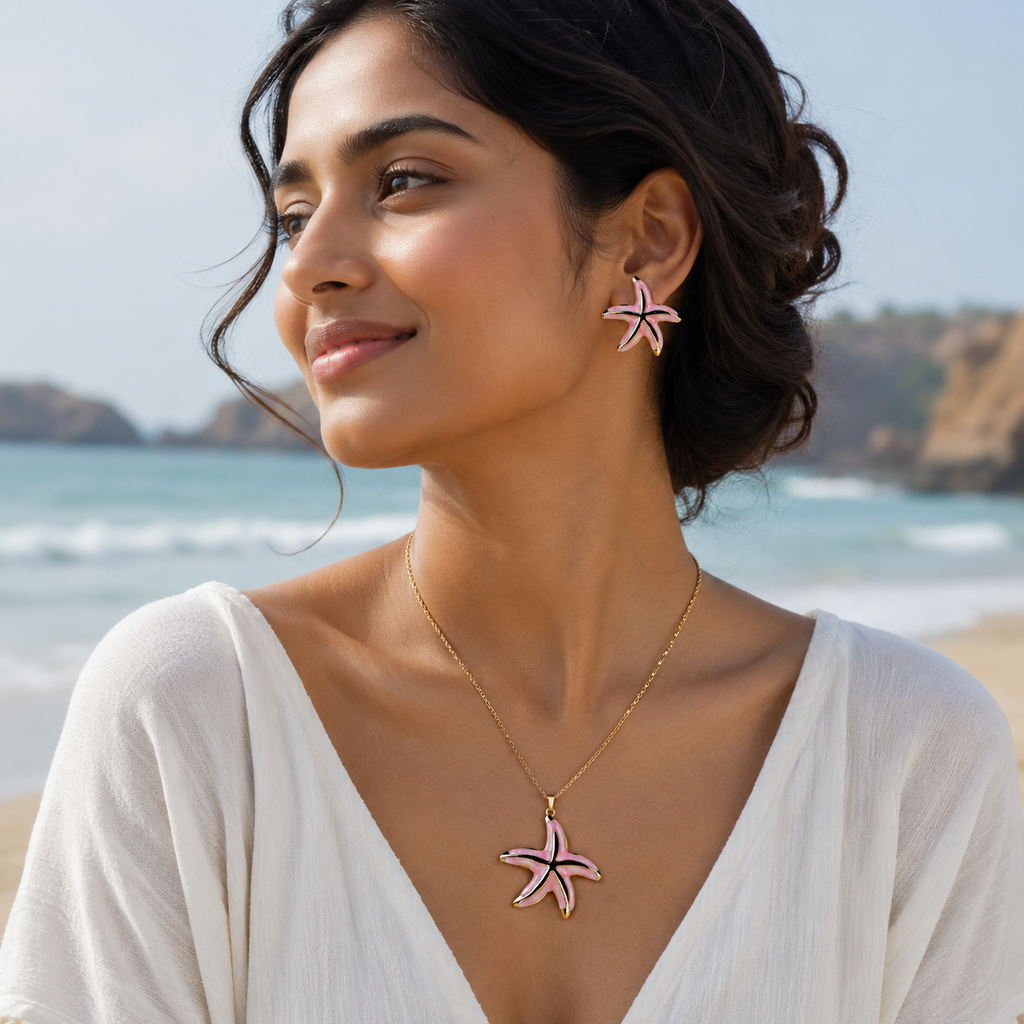 Pink Starfish Necklace Earrings Set