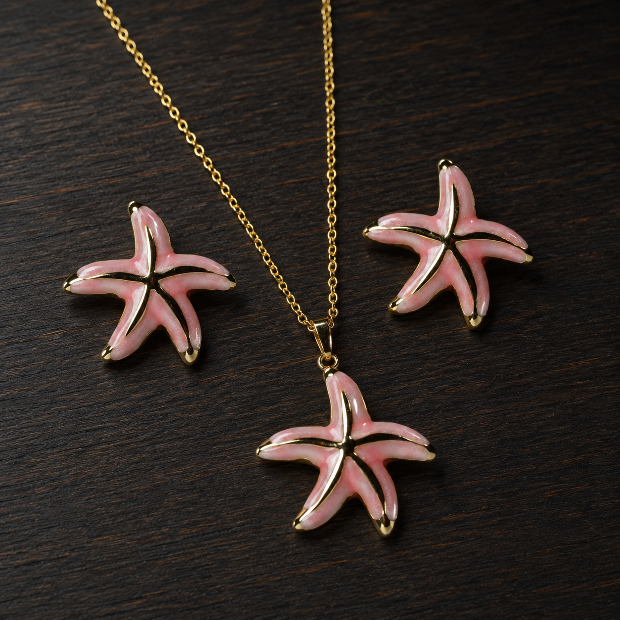 Pink Starfish Necklace Earrings Set