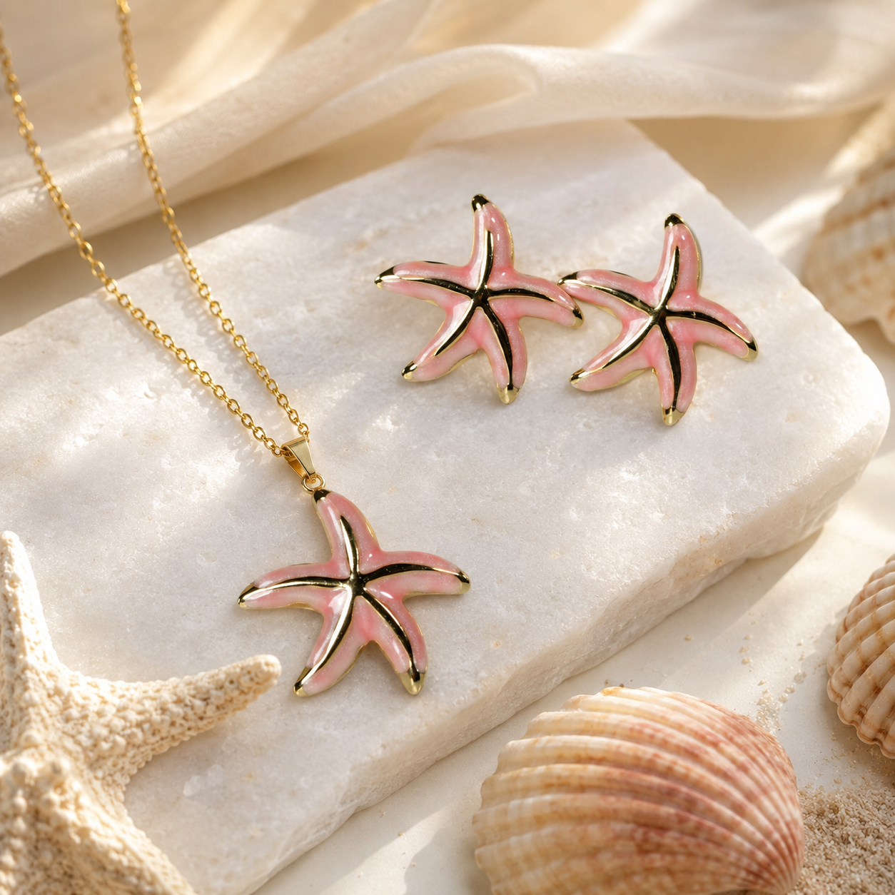 Pink Starfish Necklace Earrings Set