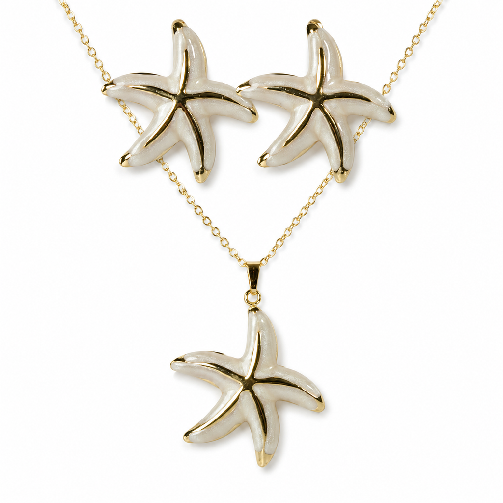 White Starfish Necklace Earrings Set