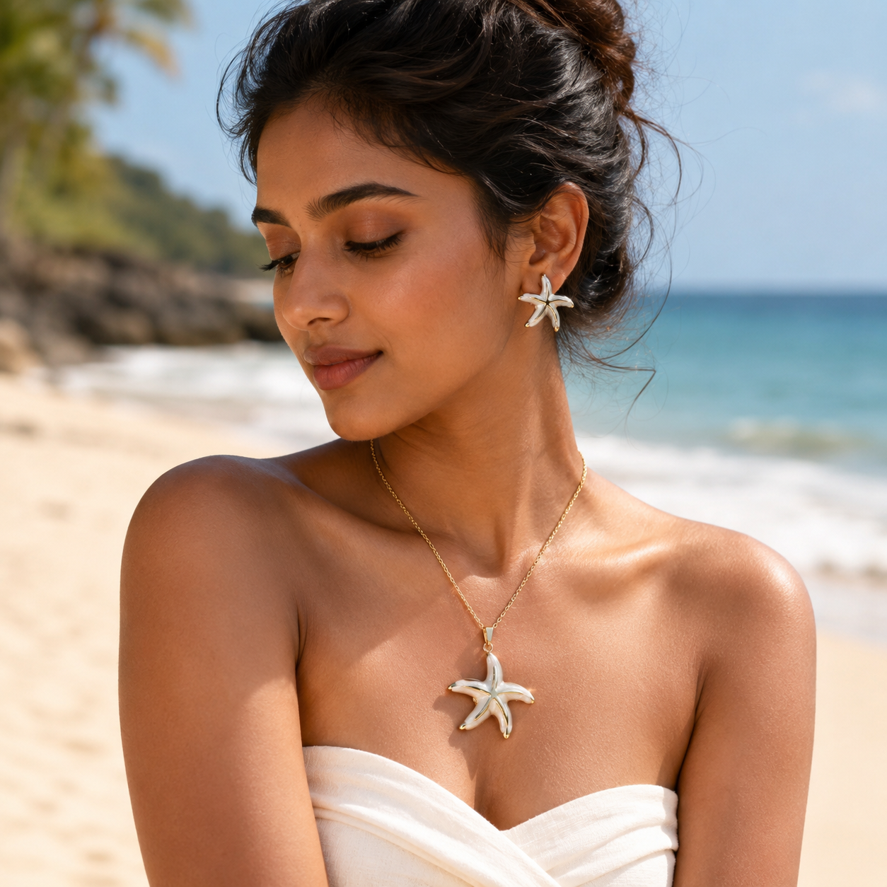 White Starfish Necklace Earrings Set