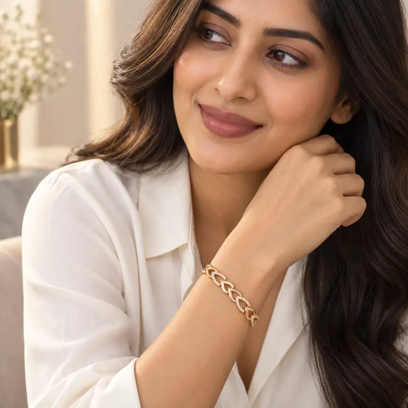 Sparkling Hollow Leaf-Link Gold-Tone Bracelet