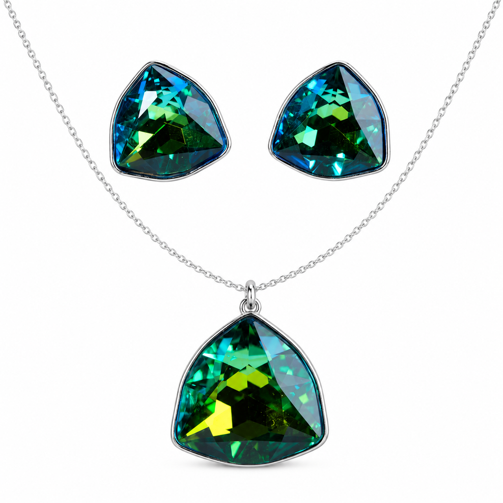 Emerald Green Triangle Crystal Necklace and Earrings Set
