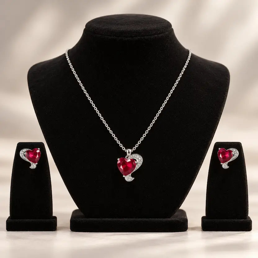 Red Heart CZ Necklace and Earrings Set