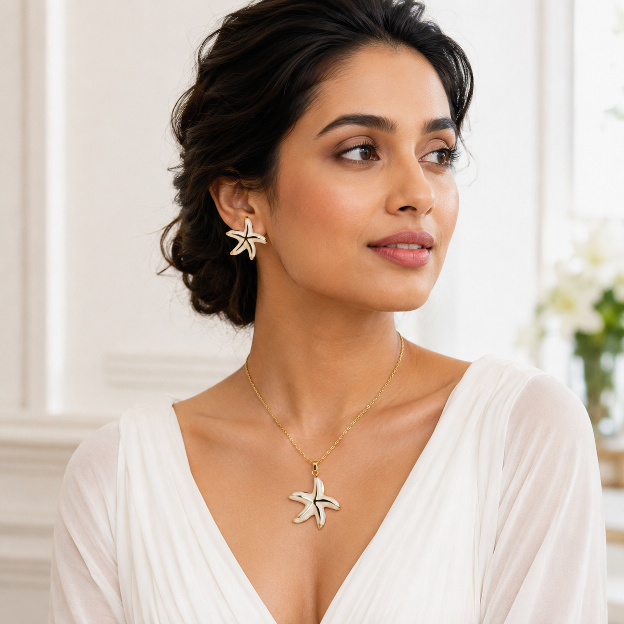 White Starfish Necklace Earrings Set