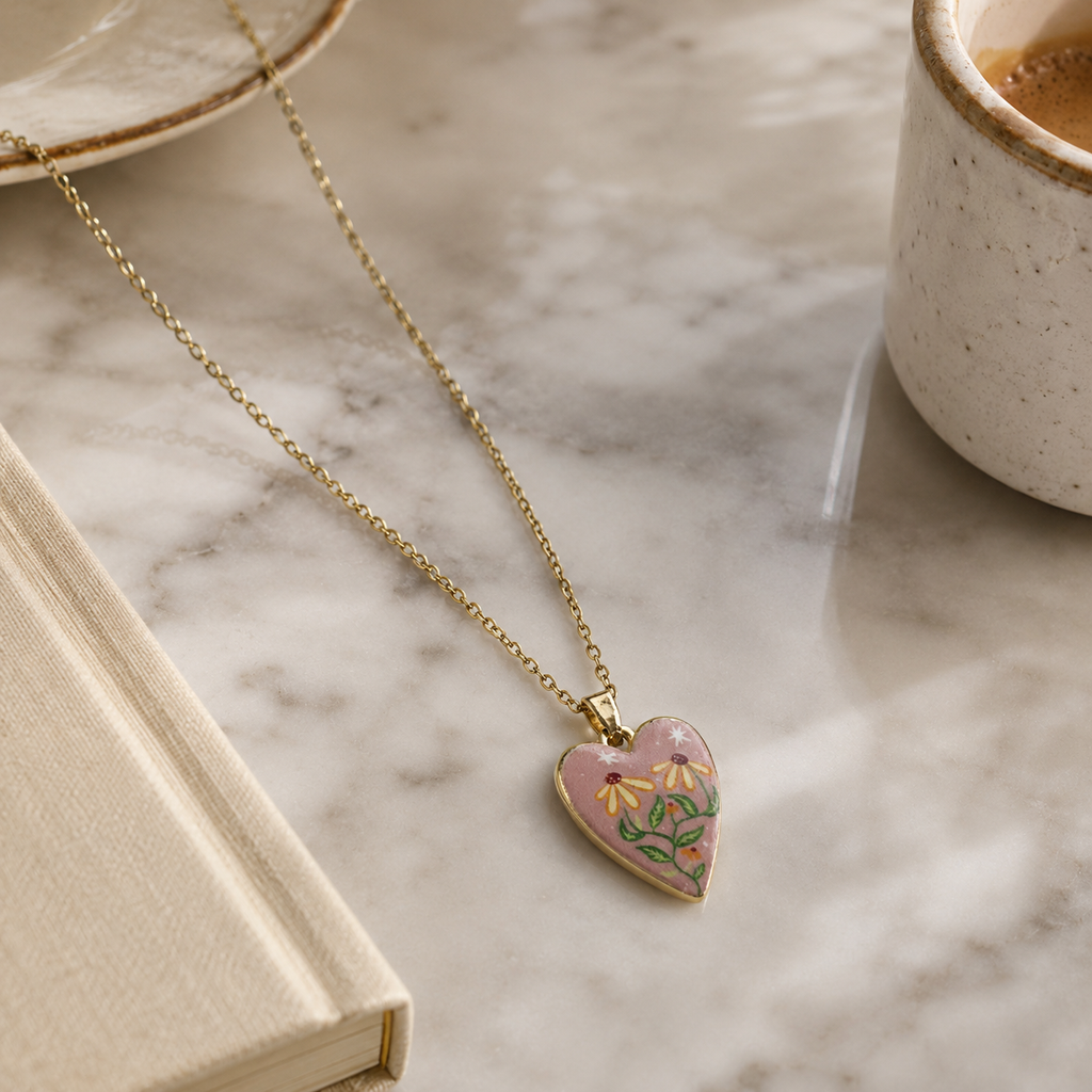 Hand-Painted Style Pink Floral Heart Necklace
