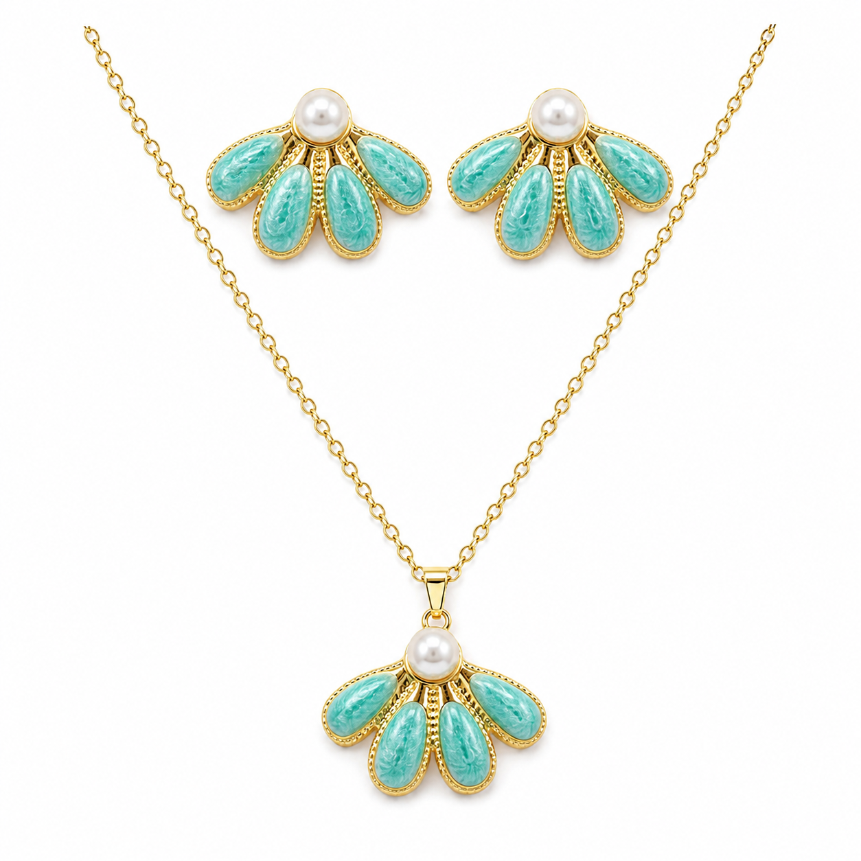 Aqua Pearl Necklace Earrings Set