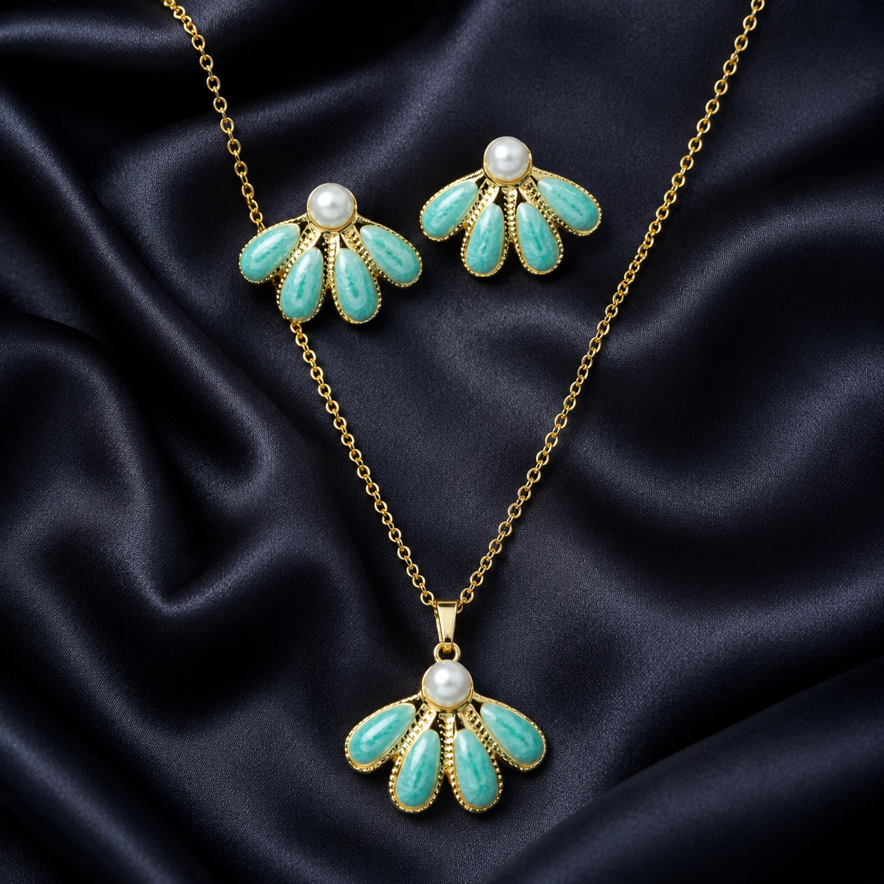 Aqua Pearl Necklace Earrings Set