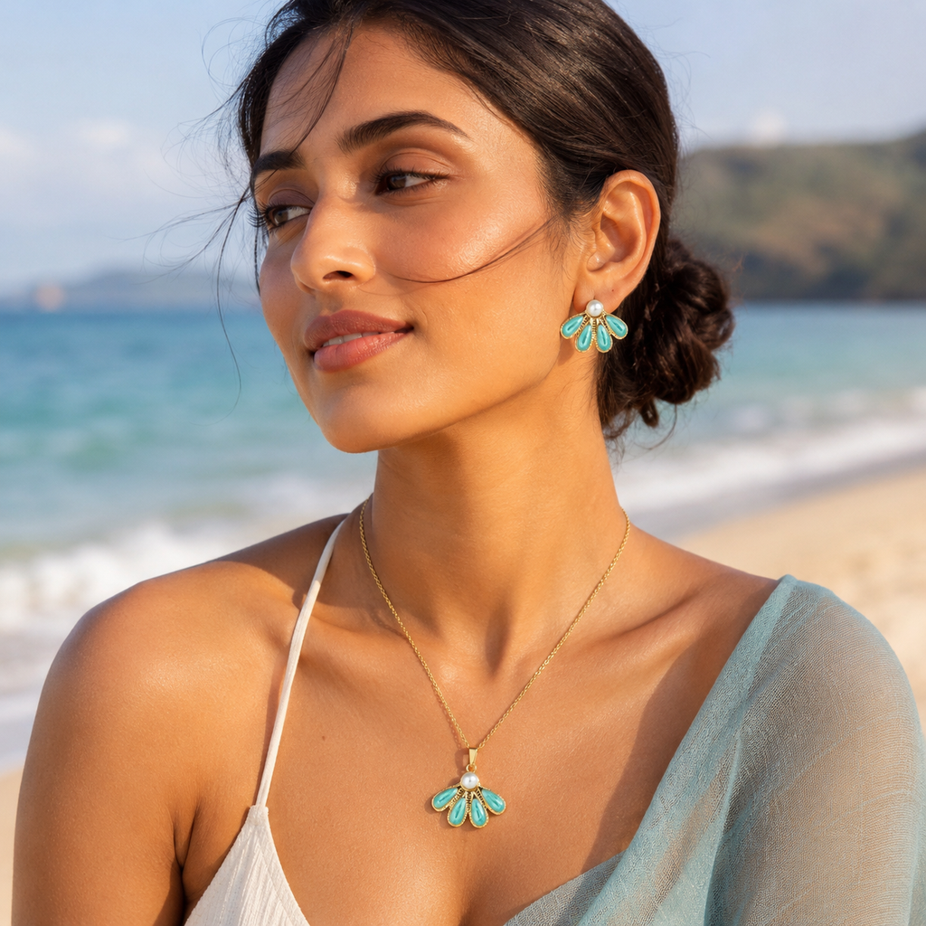 Aqua Pearl Necklace Earrings Set
