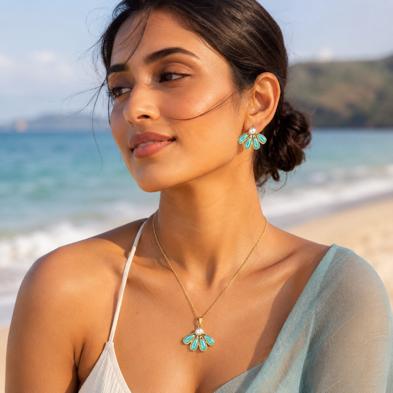 Aqua Pearl Necklace Earrings Set