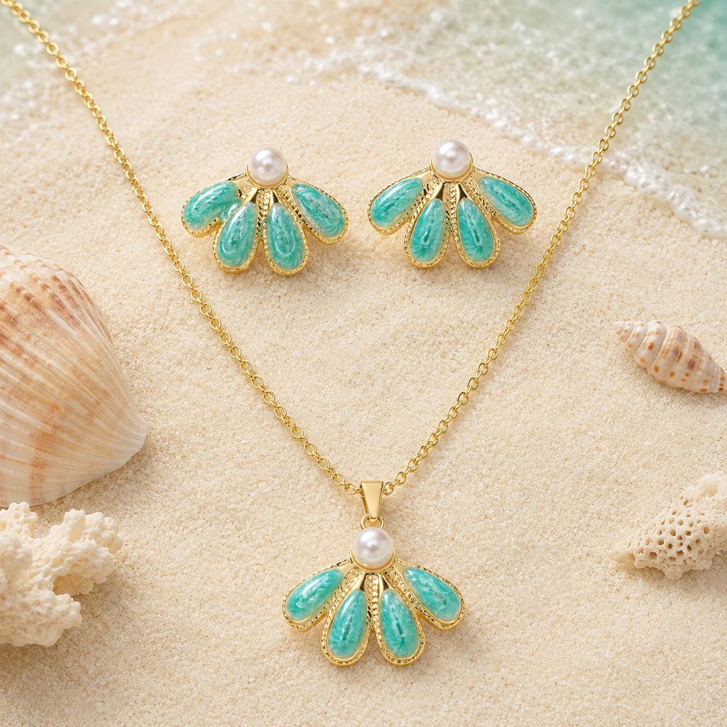 Aqua Pearl Necklace Earrings Set