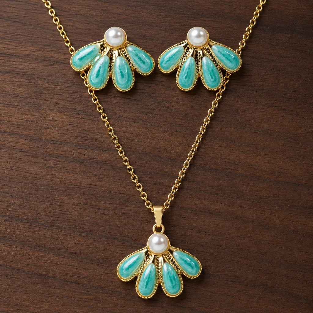 Aqua Pearl Necklace Earrings Set