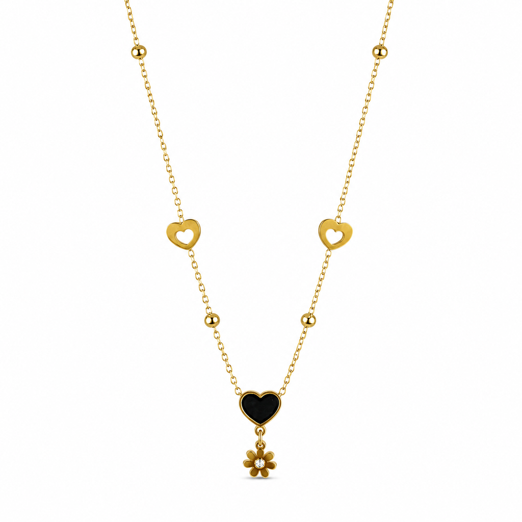 Black Enamel Heart Daisy Flower Drop Necklace