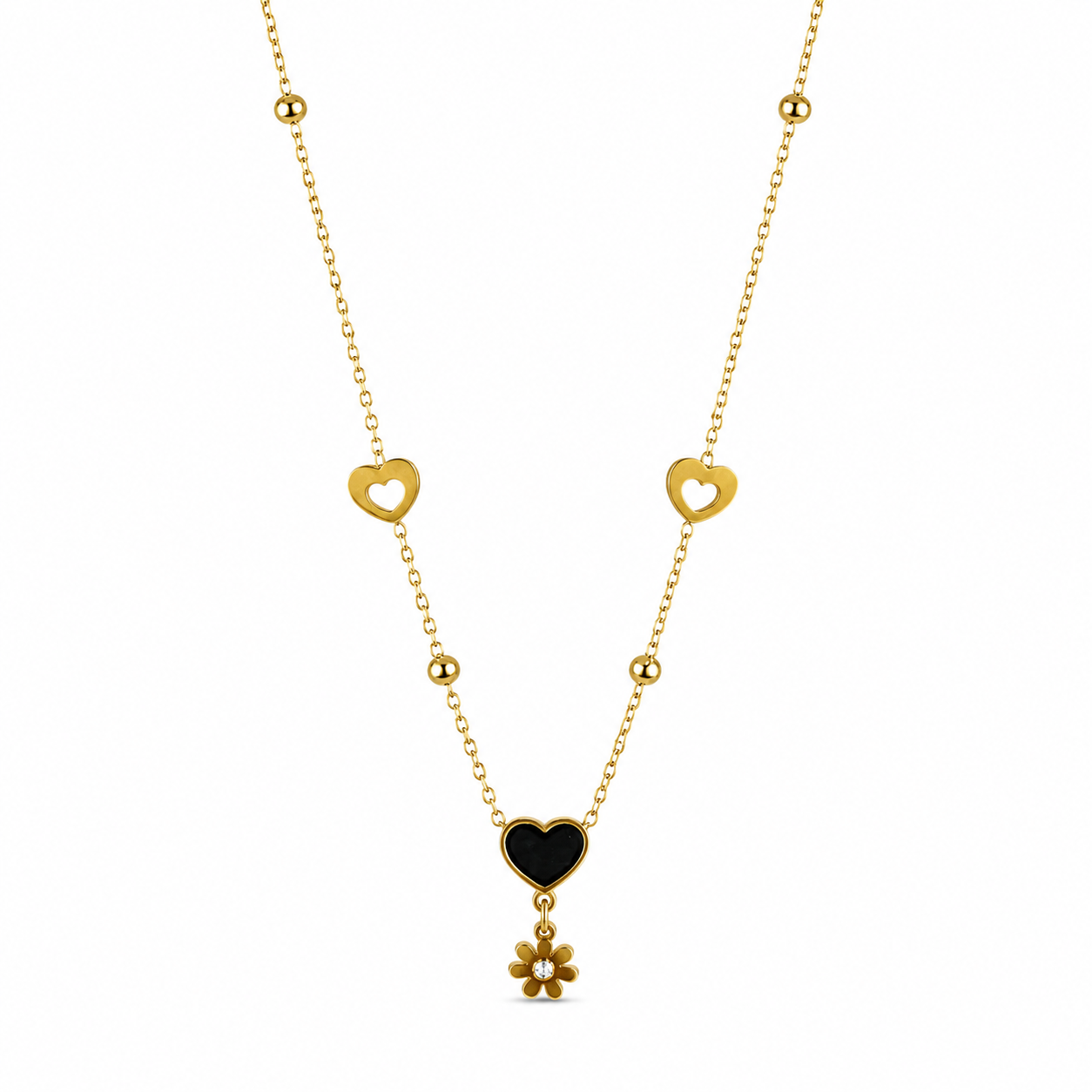 Black Enamel Heart Daisy Flower Drop Necklace