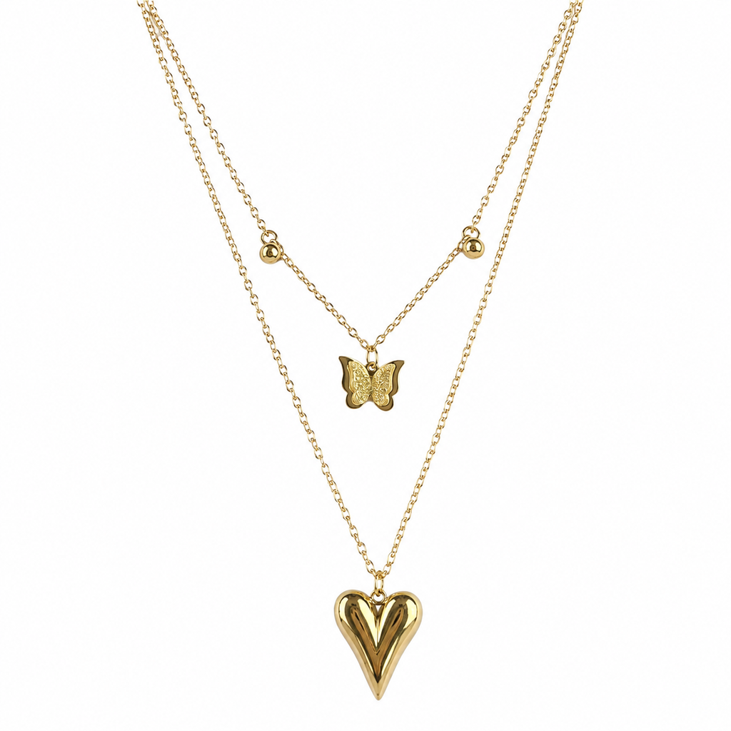 Puffy Heart Butterfly Charm Layered Necklace