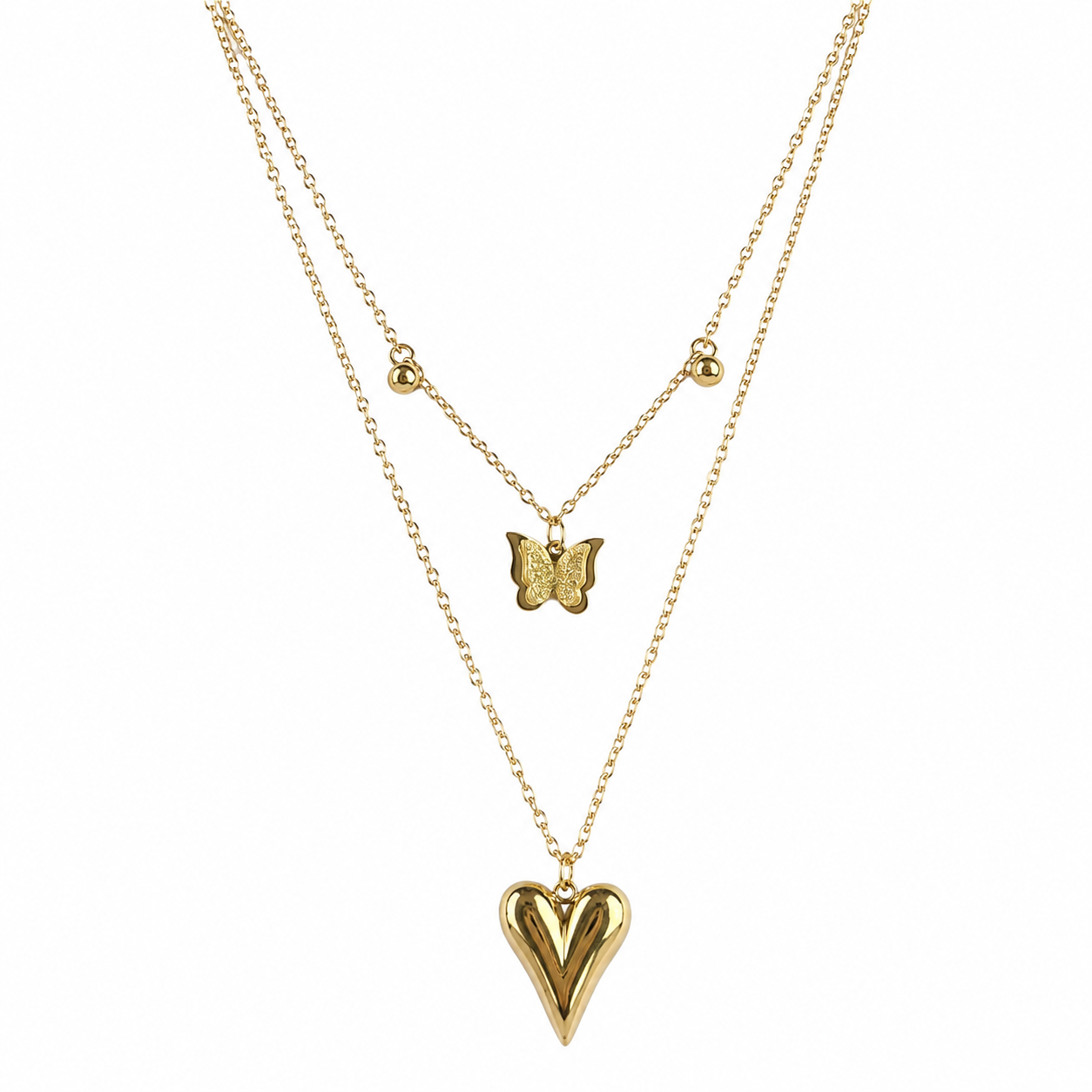 Puffy Heart Butterfly Charm Layered Necklace
