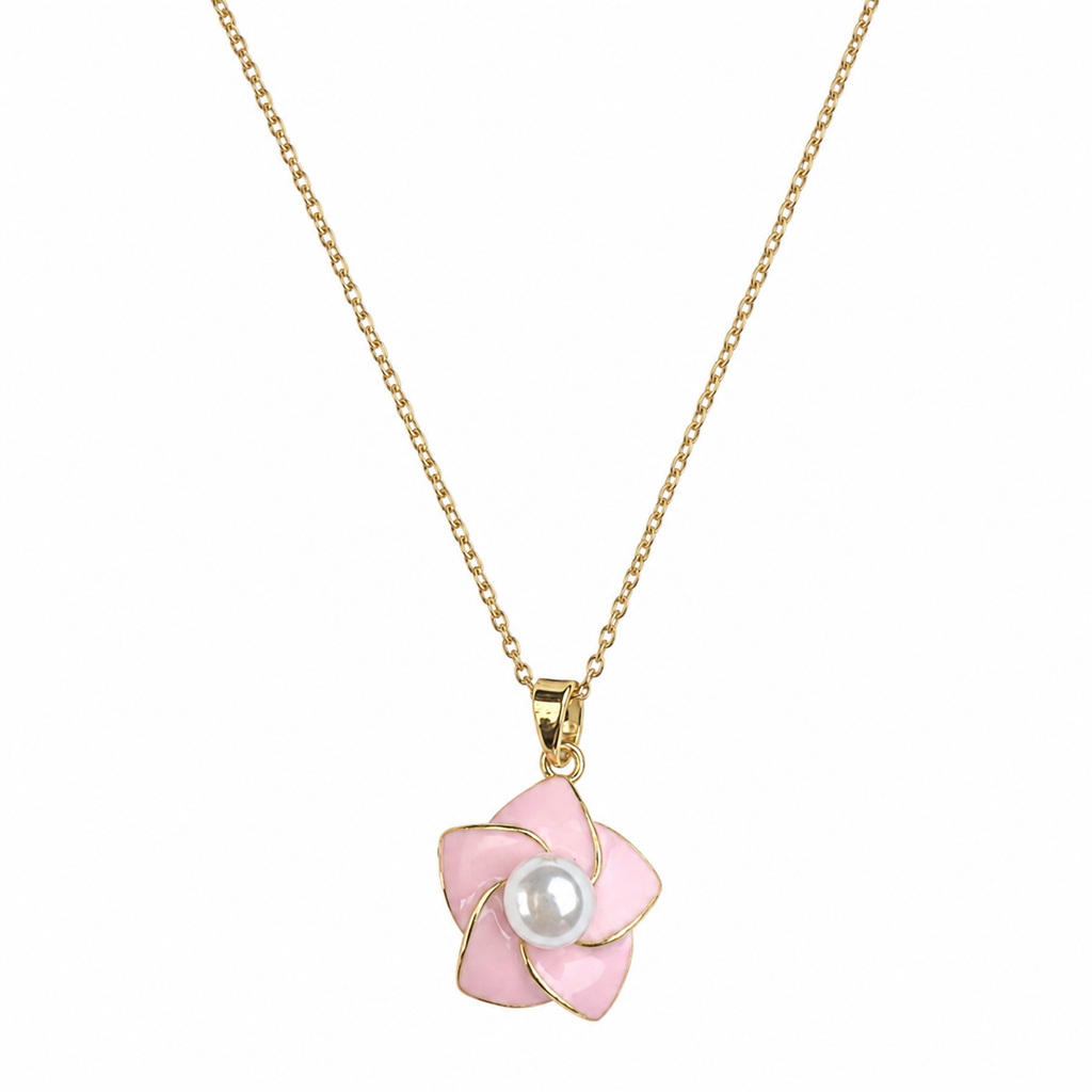 Pink Enamel Pearl Flower Necklace