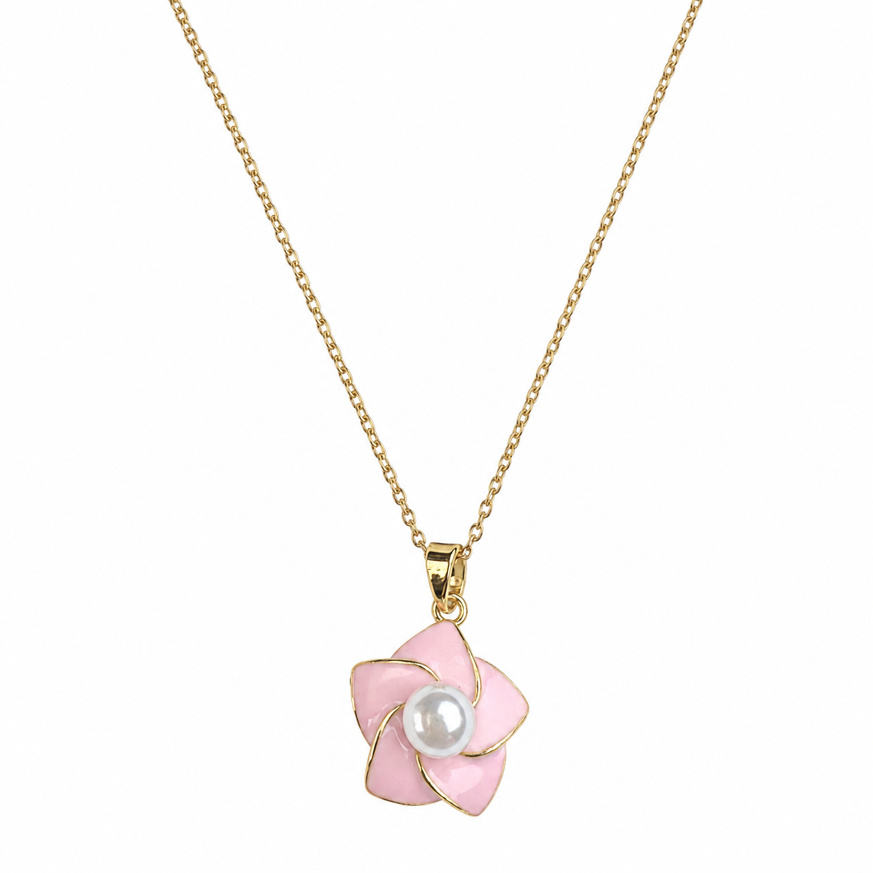Pink Enamel Pearl Flower Necklace