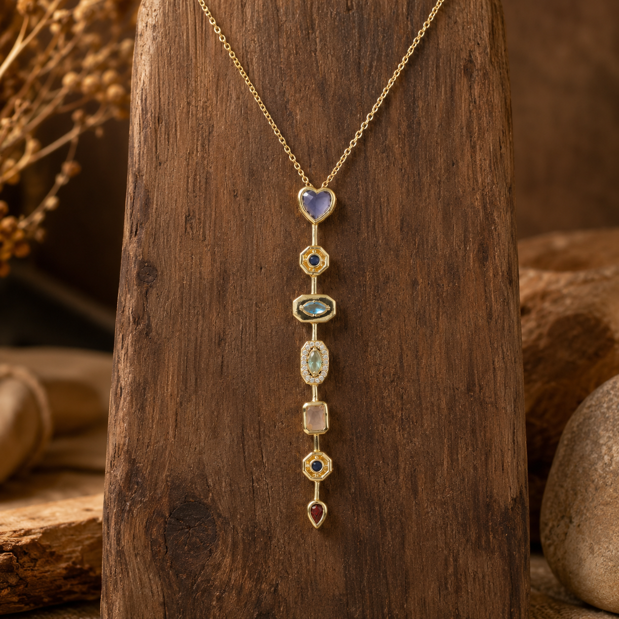 Multicolour Geometric Heart Y-Drop Gold-Tone Necklace