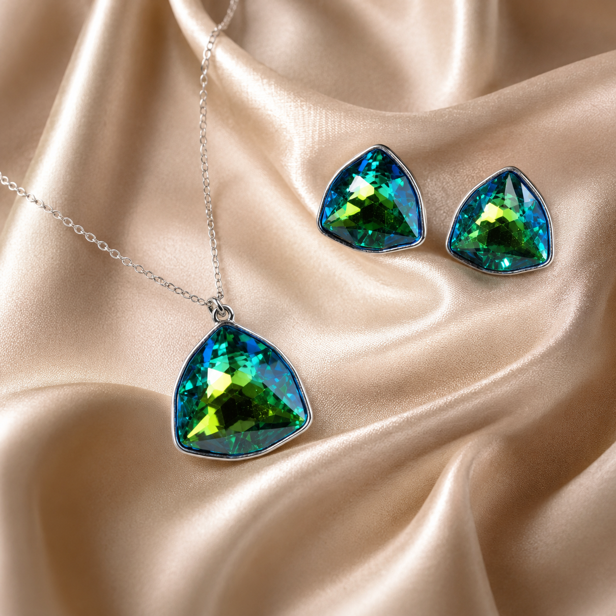 Emerald Green Triangle Crystal Necklace and Earrings Set