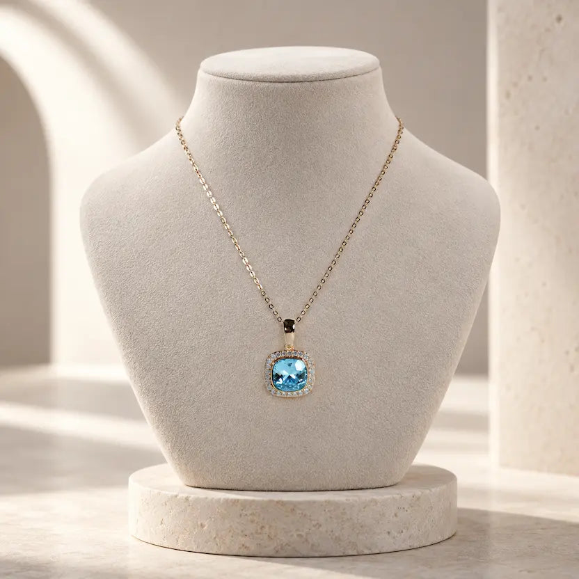 Aqua Blue Swarovski Crystal Halo Necklace