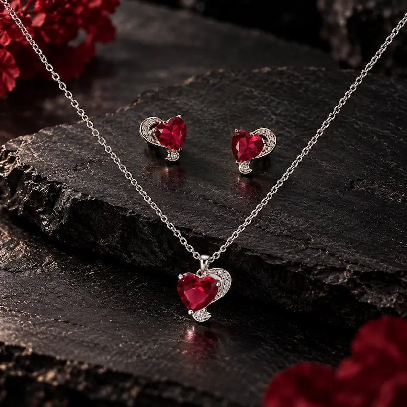 Red Heart CZ Necklace and Earrings Set