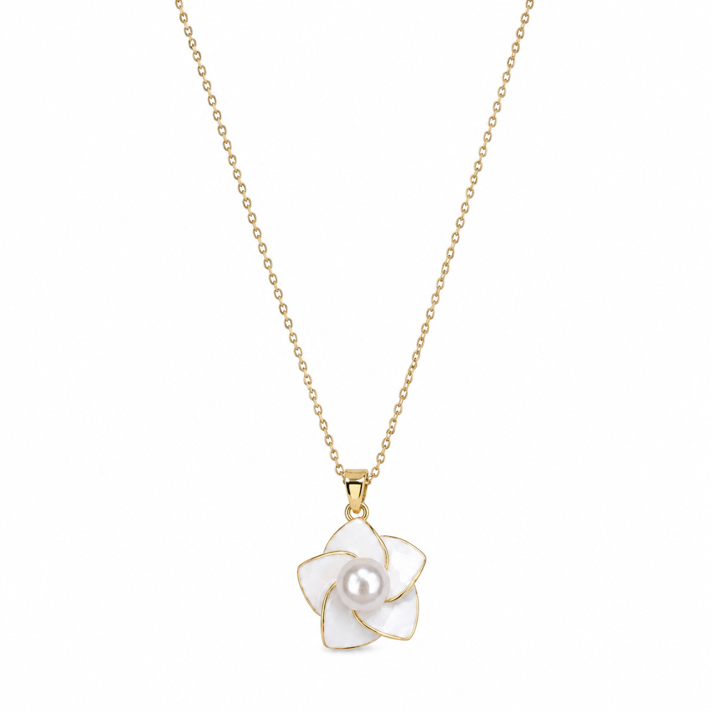 White Enamel Pearl Flower Necklace