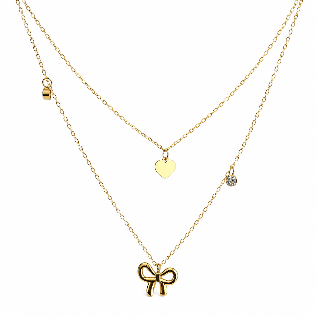Bow and Heart With Solitare Charms Layered Necklace