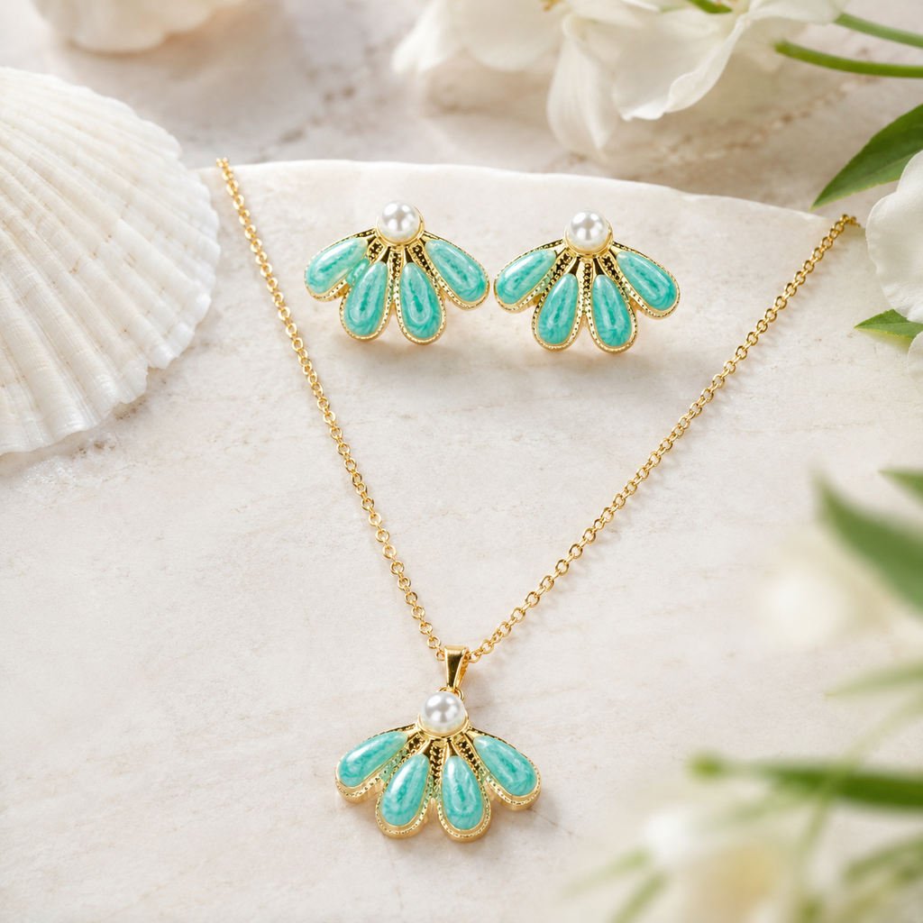 Aqua Pearl Necklace Earrings Set