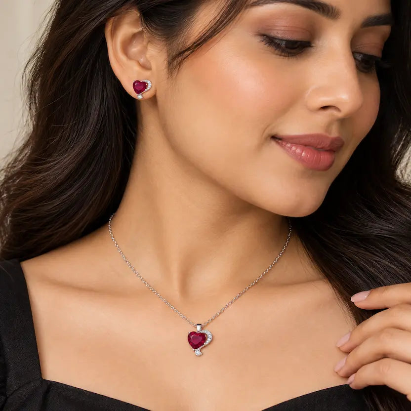 Red Heart CZ Necklace and Earrings Set