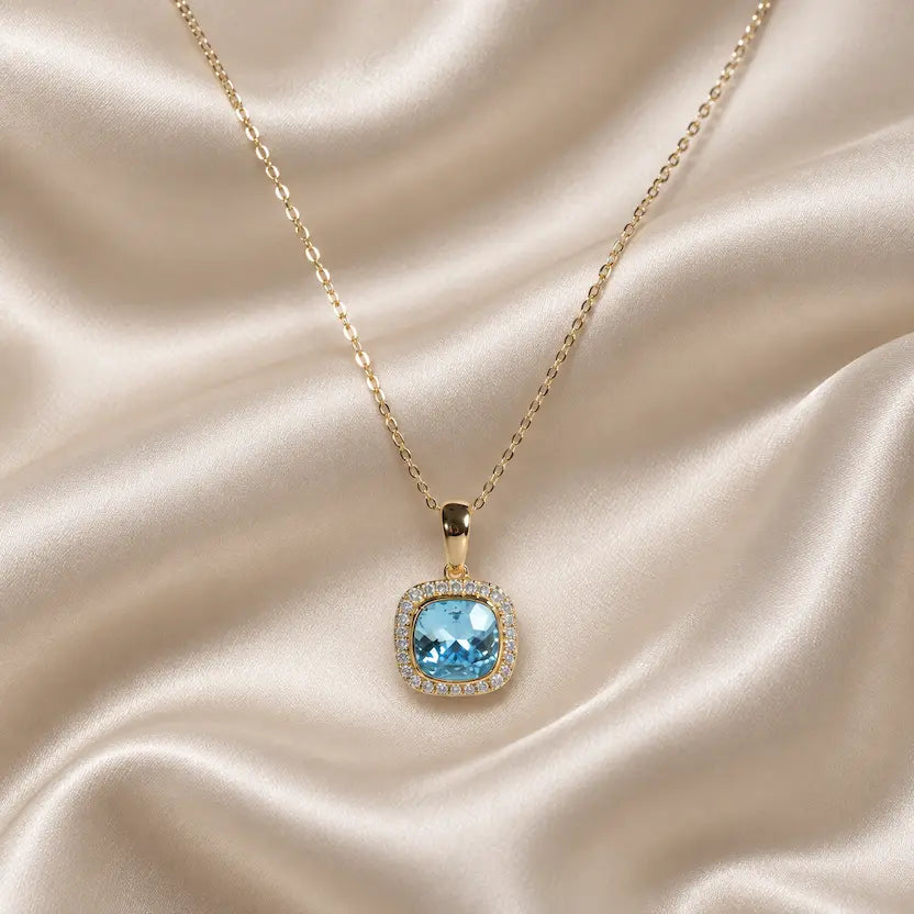 Aqua Blue Swarovski Crystal Halo Necklace