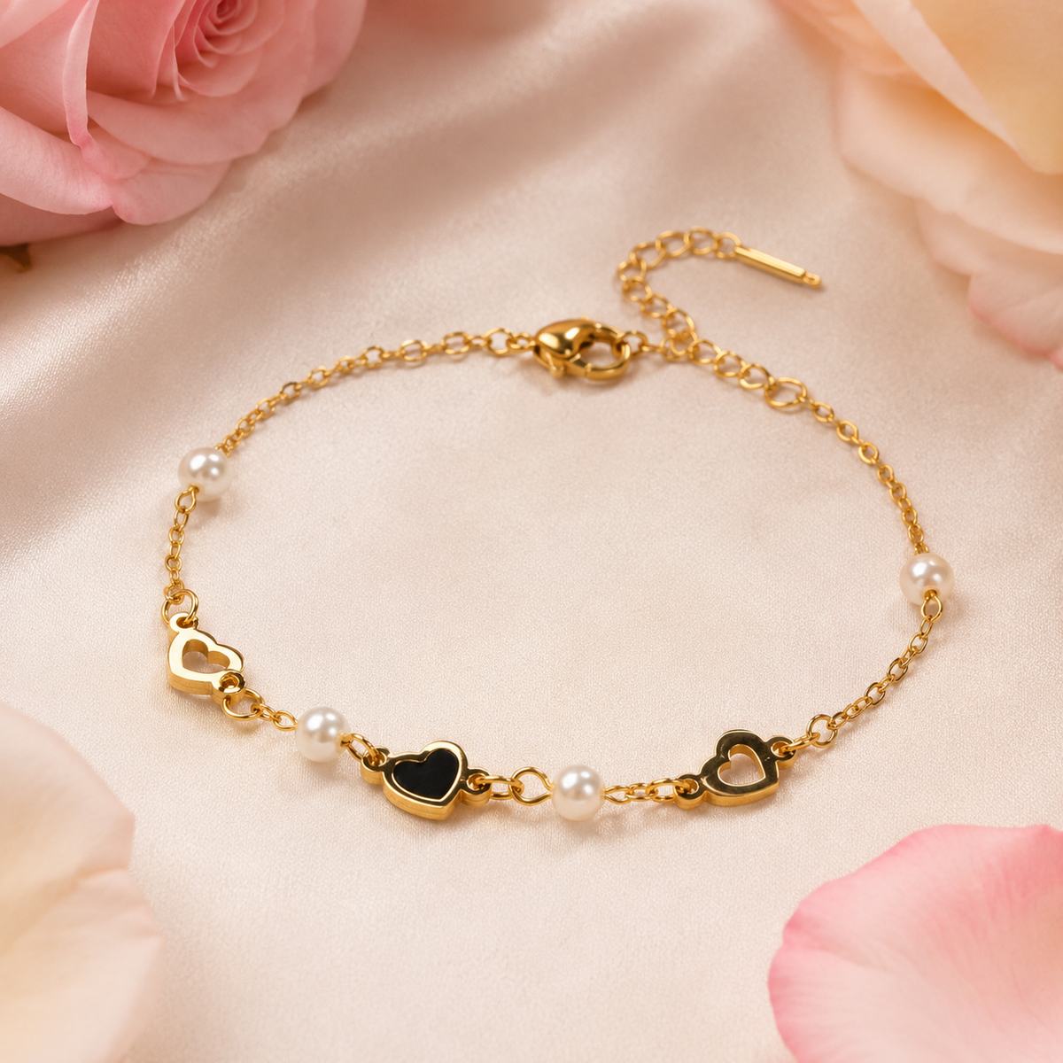 Onyx Heart Pearl Chain Bracelet