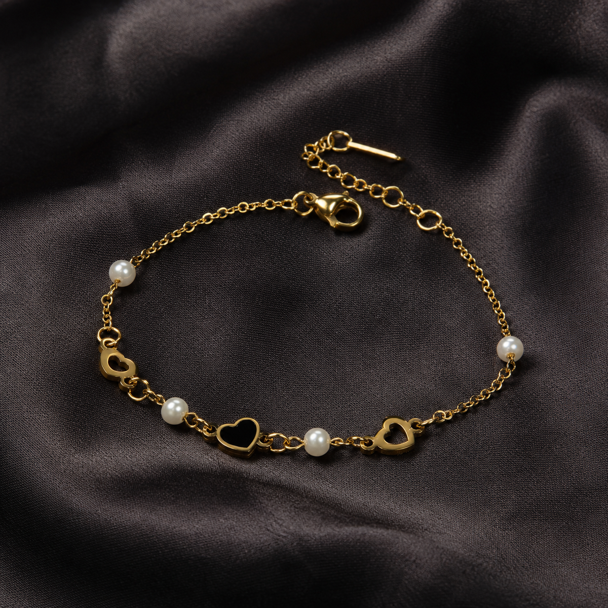Onyx Heart Pearl Chain Bracelet