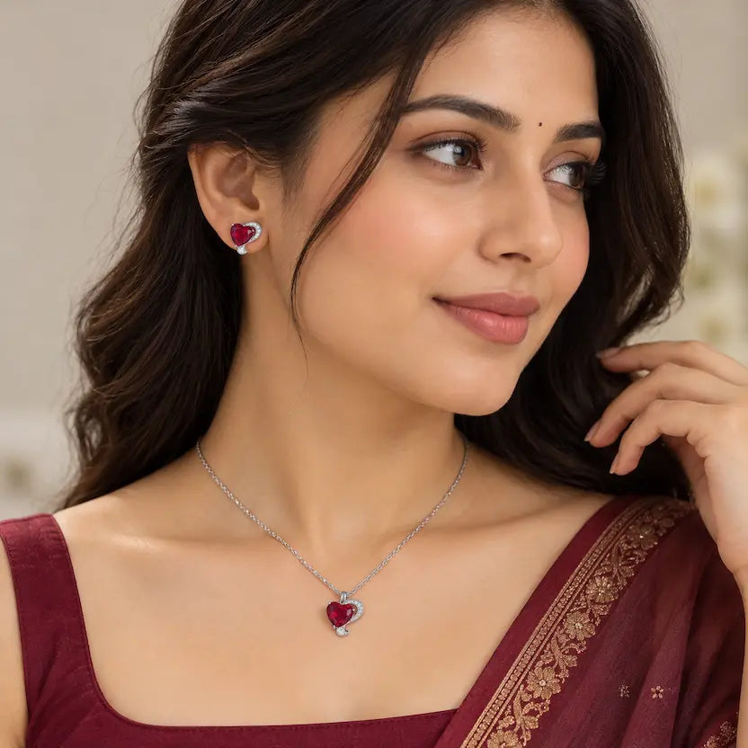 Red Heart CZ Necklace and Earrings Set