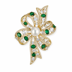 Emerald Green Crystal Bow Pearl Gold-Tone Brooch